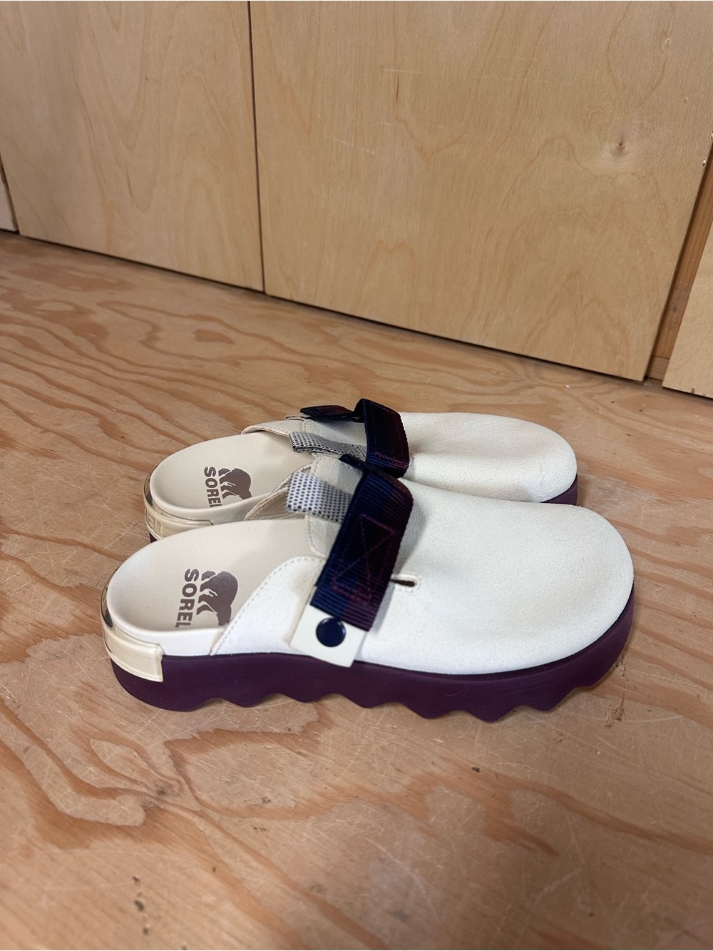 Sorel Women's Cream Clog Mules with Purple Platform Sole